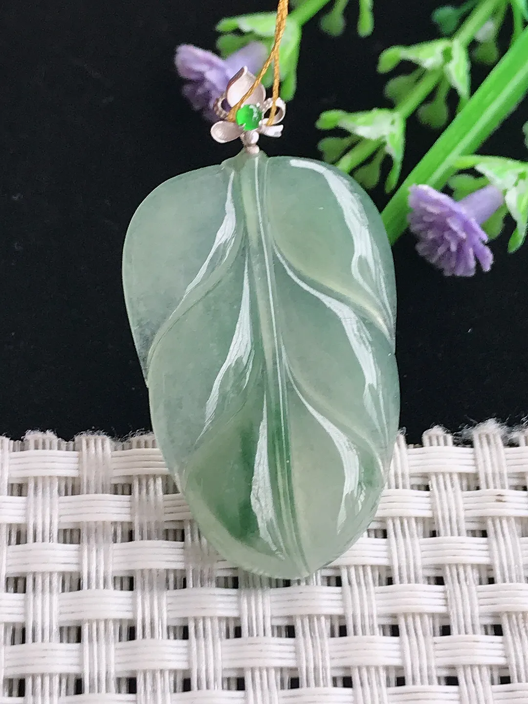 实拍A货翡翠34/21.9/4.2老坑18k金镶嵌冰晴叶子吊坠翡翠金枝玉叶挂件