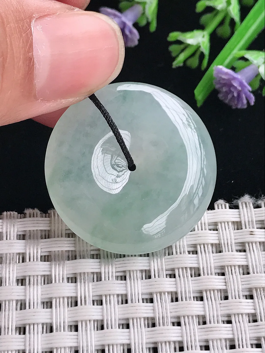 实拍A货翡翠29.3/6.5老坑冰胶果冻飘花平安扣吊坠翡翠玉扣子挂件