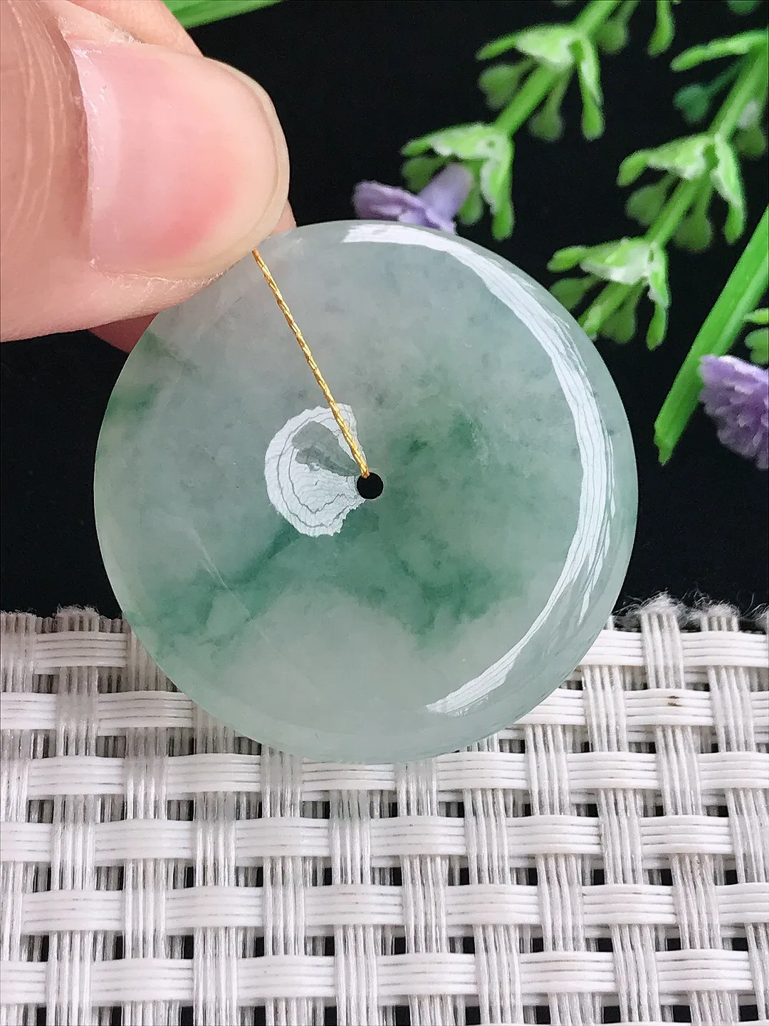 实拍A货翡翠33/5.6老坑冰润起胶飘花平安扣吊坠翡翠挂件