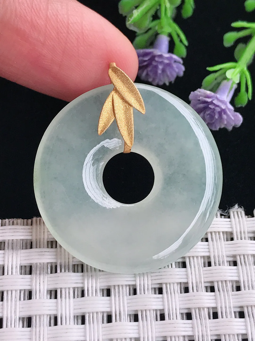 实拍A货翡翠30.3/4.1老坑18k金镶嵌冰种玉环吊坠翡翠平安扣挂件