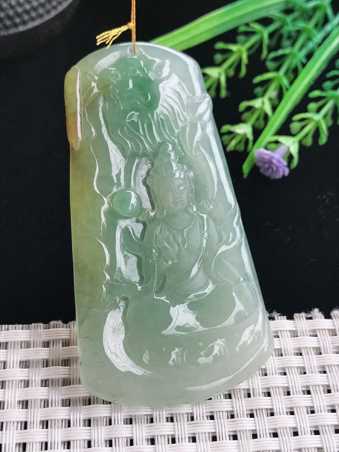 实拍A货翡翠75/41/5.2老坑冰胶水灵冰晴文殊菩萨吊坠翡翠挂件