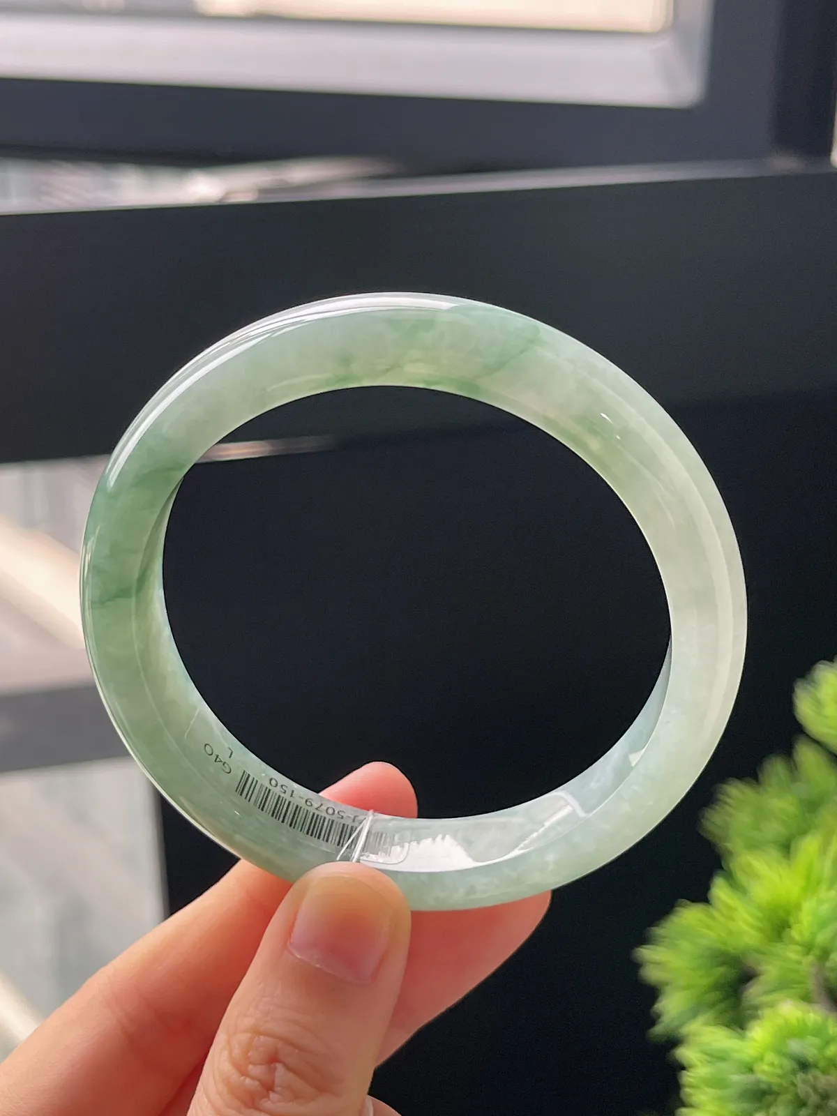 正圈57.3圈口，翡翠糯化种飘绿手镯