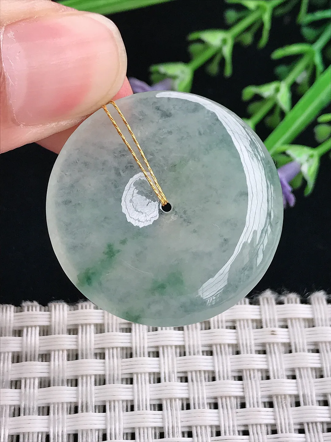 实拍A货翡翠31.7/5.2老坑冰透起胶冰晴平安扣吊坠翡翠玉扣挂件