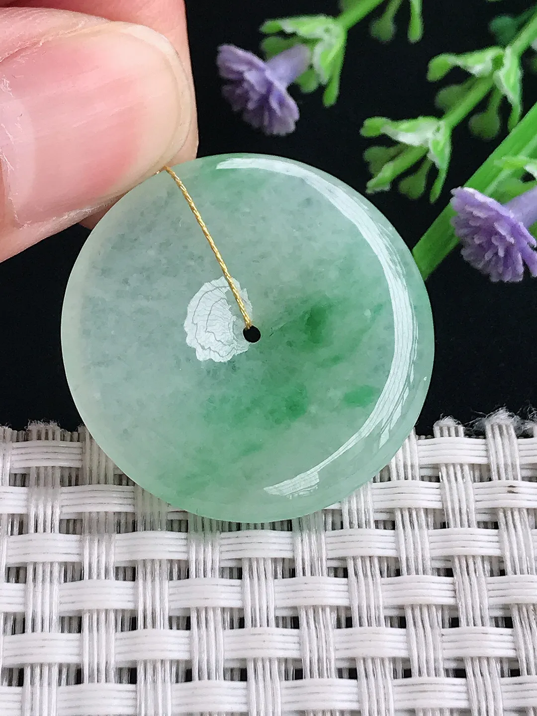 实拍A货翡翠30/4.9老坑冰润起胶飘绿平安扣吊坠翡翠挂件