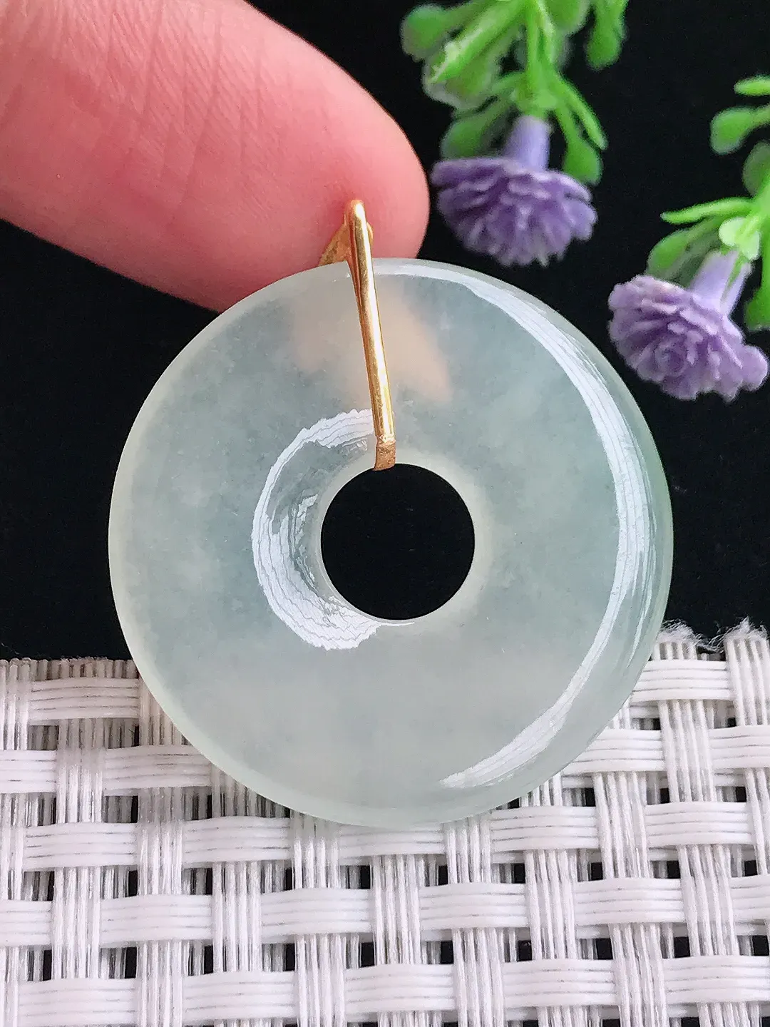 实拍A货翡翠30.3/4.1老坑18k金镶嵌冰种玉环吊坠翡翠平安扣挂件