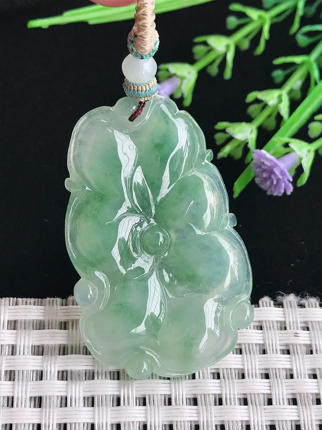 实拍A货翡翠45.6/29.5/5老坑冰胶水灵满绿荷叶鱼吊坠翡翠连年有余挂件