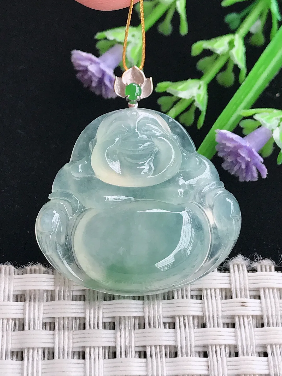 实拍A货翡翠29.5/29.2/6.2老坑18k金镶嵌冰种冰晴佛公吊坠翡翠玉佛挂件