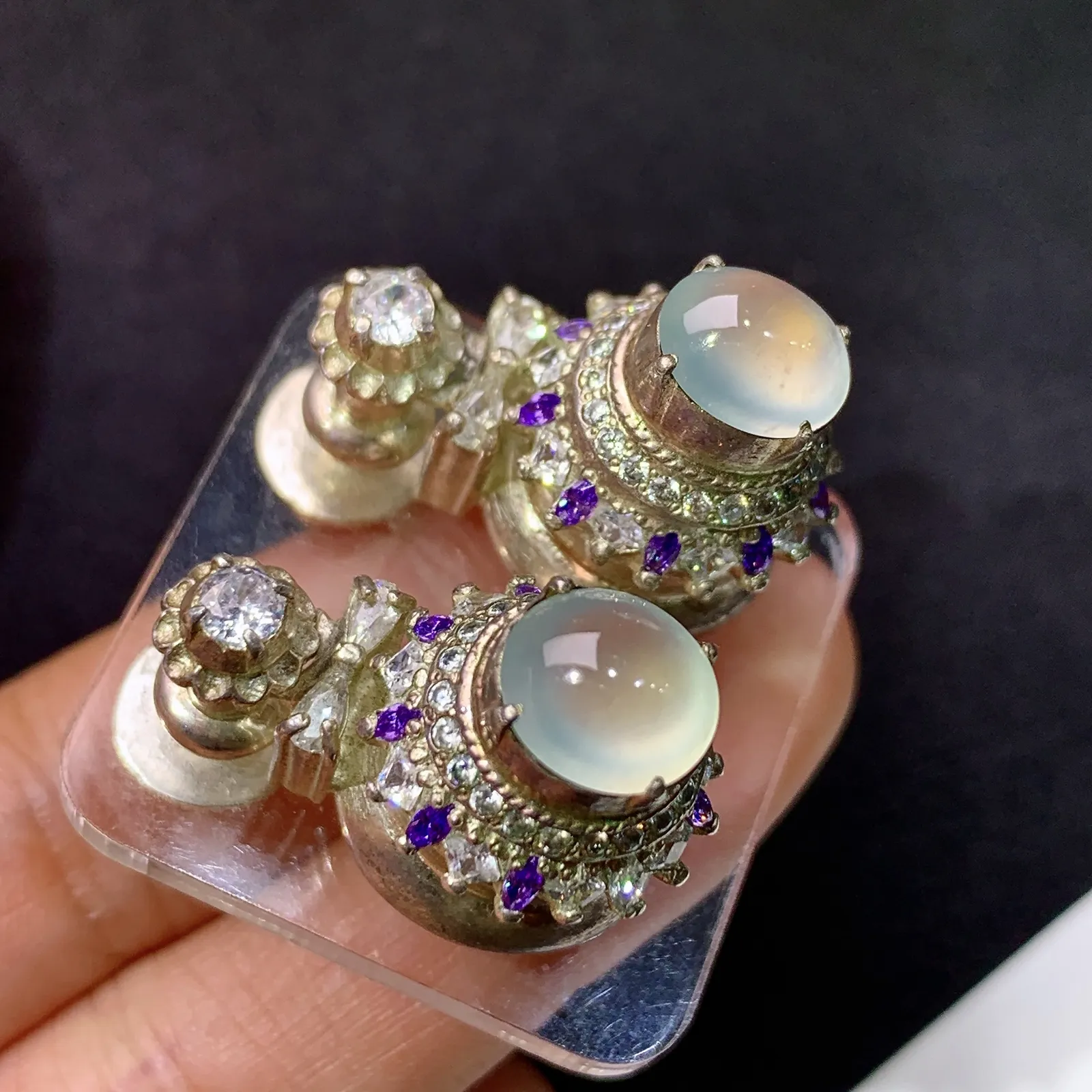 冰种蛋面铜托耳钉，镶嵌佳品，冰润细腻，种水足，Ysl取一裸石尺寸8.3*7.6*3.3