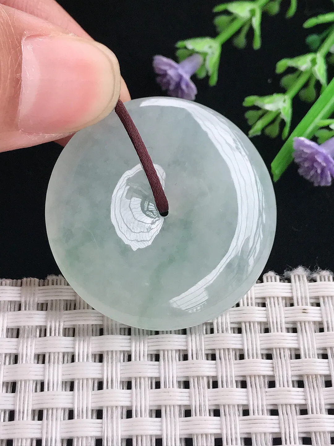 实拍A货翡翠34.7/6.1老坑冰胶水灵飘花平安扣吊坠翡翠玉扣挂件