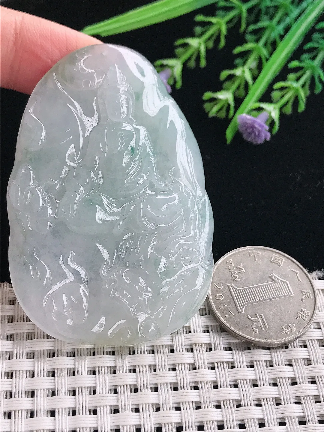 实拍A货翡翠66/44.5/10老坑冰胶果冻御龙观音吊坠翡翠挂件