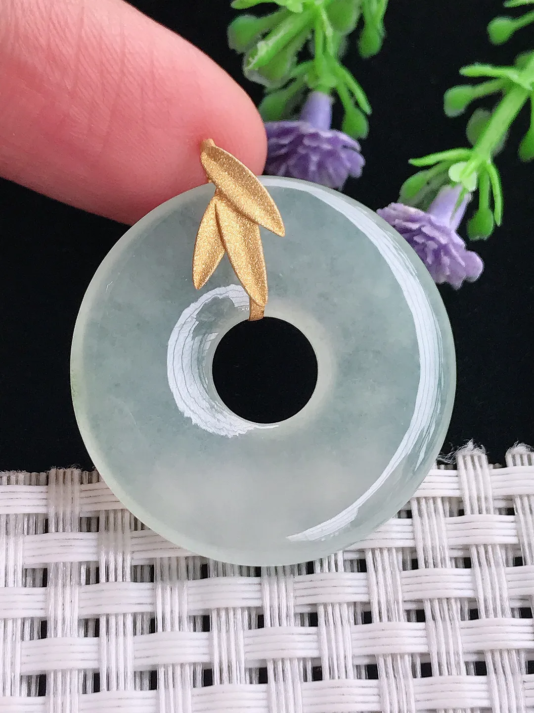 实拍A货翡翠30.3/4.1老坑18k金镶嵌冰种玉环吊坠翡翠平安扣挂件