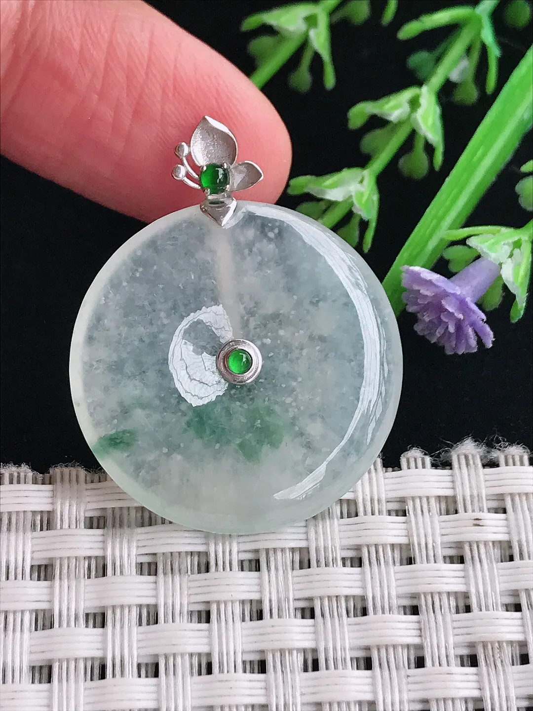 实拍A货翡翠27.3/4.6老坑18k金镶嵌冰种飘花平安扣吊坠翡翠玉扣挂件