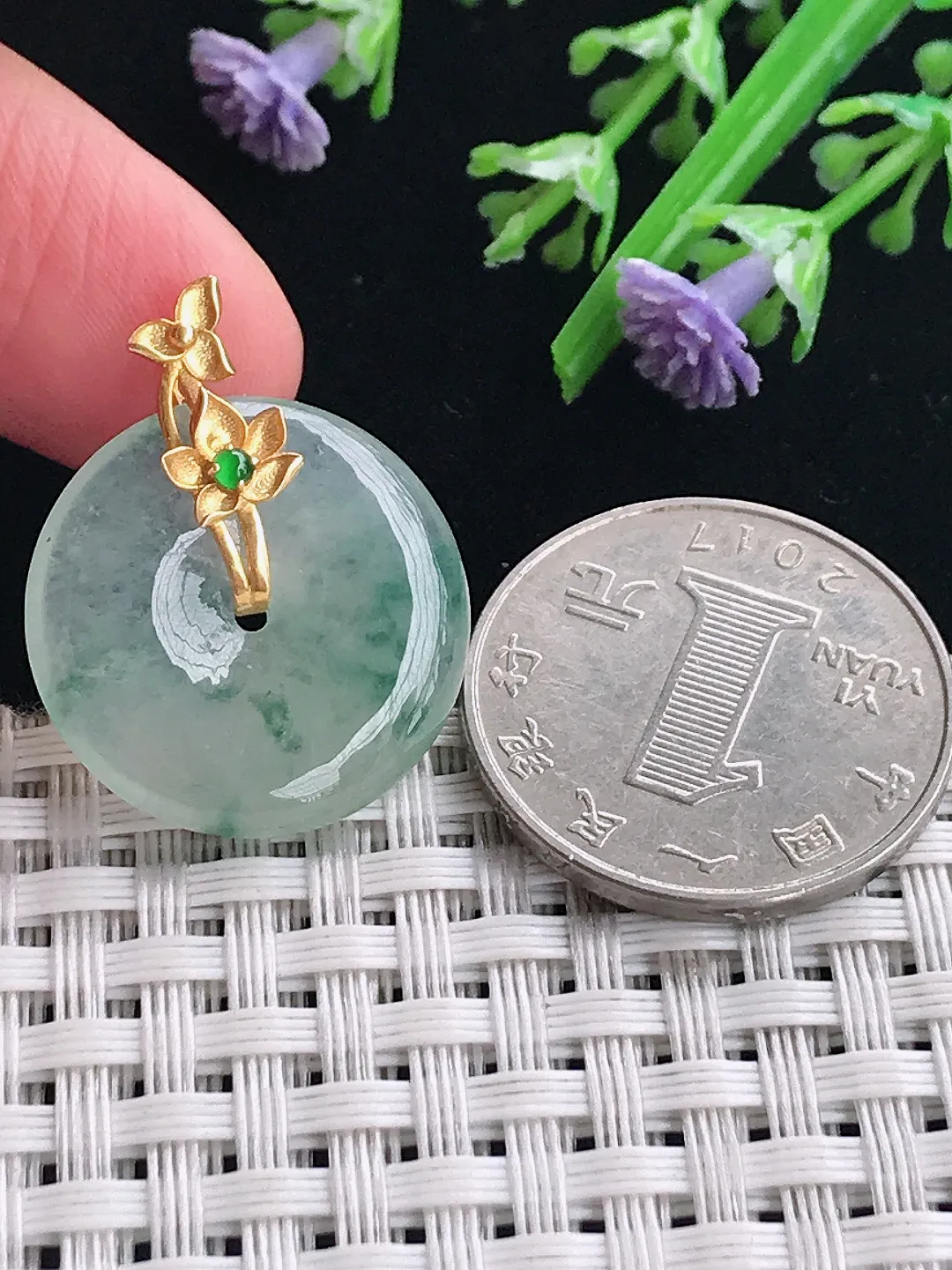 实拍A货翡翠22/4.1老坑18k金镶嵌冰飘花小平安扣吊坠翡翠挂件