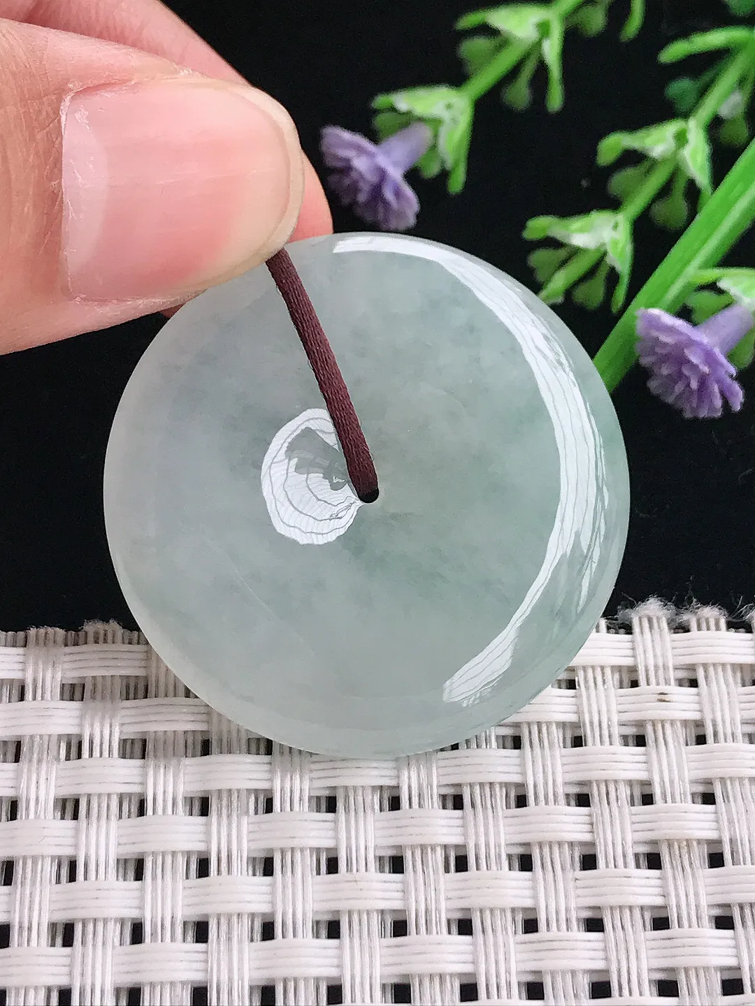 实拍A货翡翠34.7/6.1老坑冰胶水灵飘花平安扣吊坠翡翠玉扣挂件