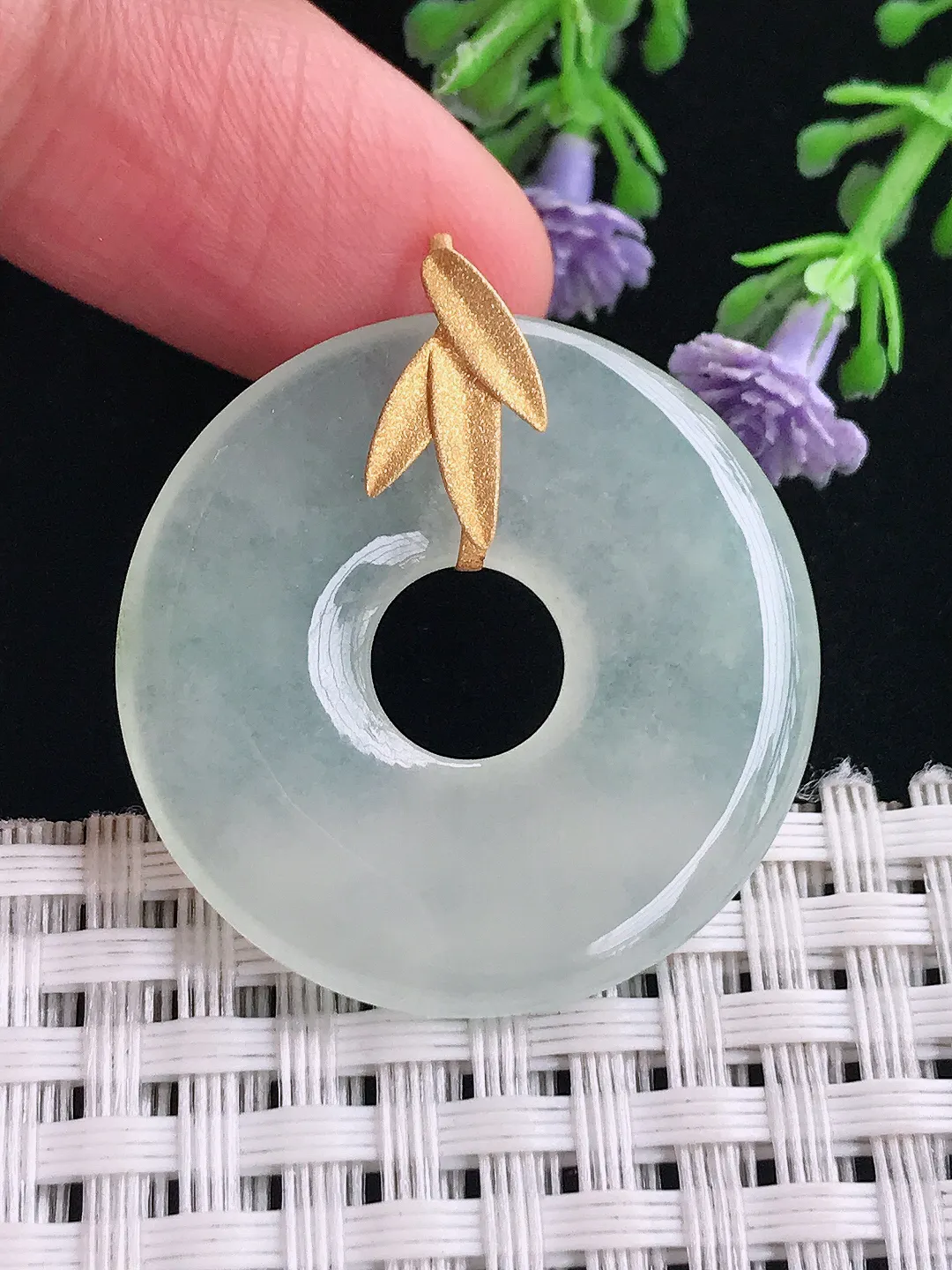 实拍A货翡翠30.3/4.1老坑18k金镶嵌冰种玉环吊坠翡翠平安扣挂件