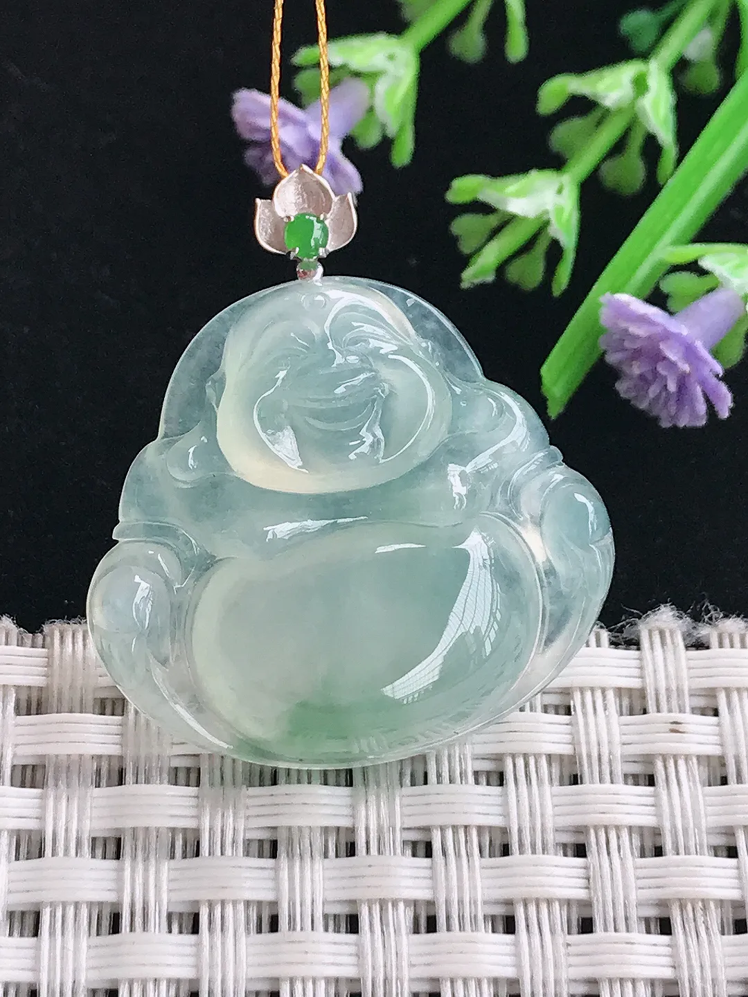 实拍A货翡翠29.5/29.2/6.2老坑18k金镶嵌冰种冰晴佛公吊坠翡翠玉佛挂件