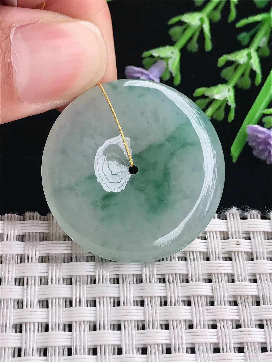 实拍A货翡翠33/5.6老坑冰润起胶飘花平安扣吊坠翡翠挂件