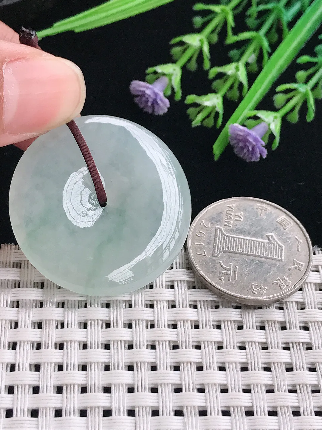 实拍A货翡翠34.7/6.1老坑冰胶水灵飘花平安扣吊坠翡翠玉扣挂件