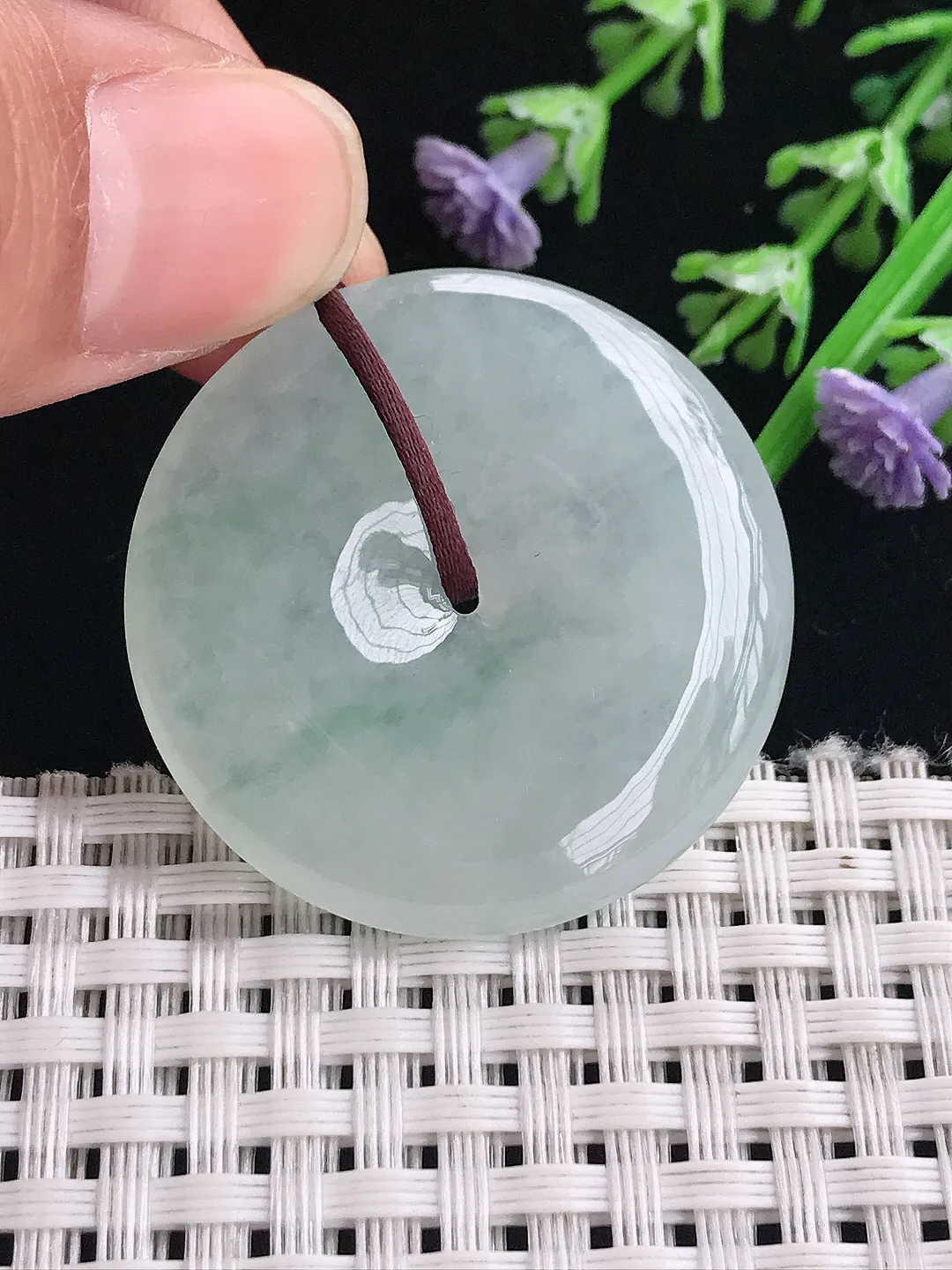 实拍A货翡翠34.7/6.1老坑冰胶水灵飘花平安扣吊坠翡翠玉扣挂件