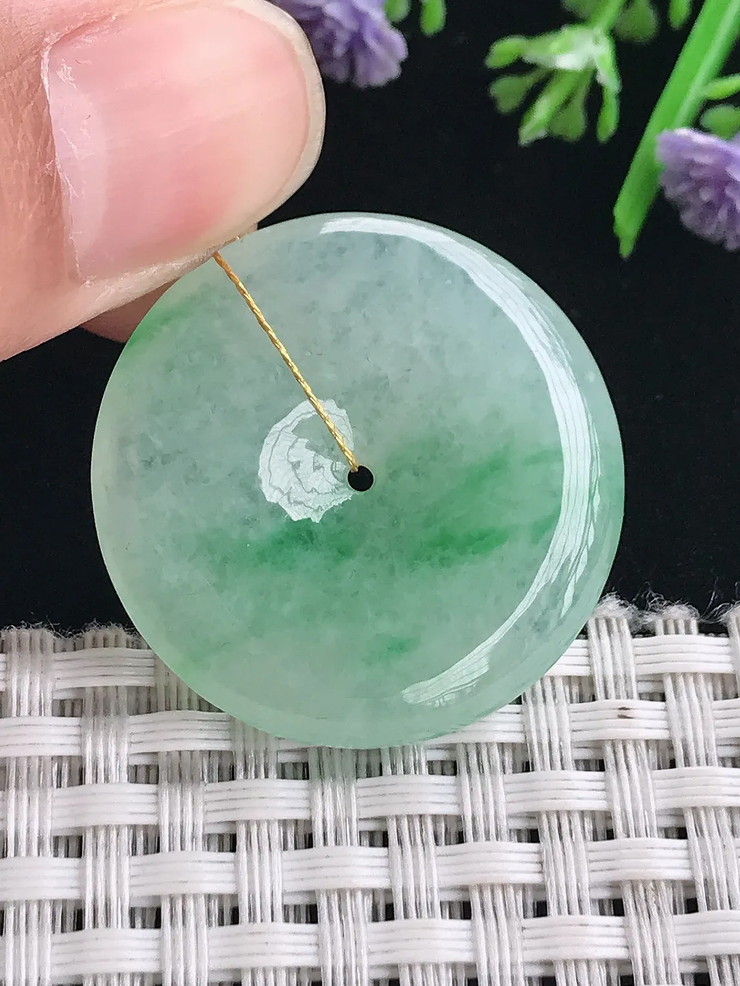 实拍A货翡翠30/4.9老坑冰润起胶飘绿平安扣吊坠翡翠挂件