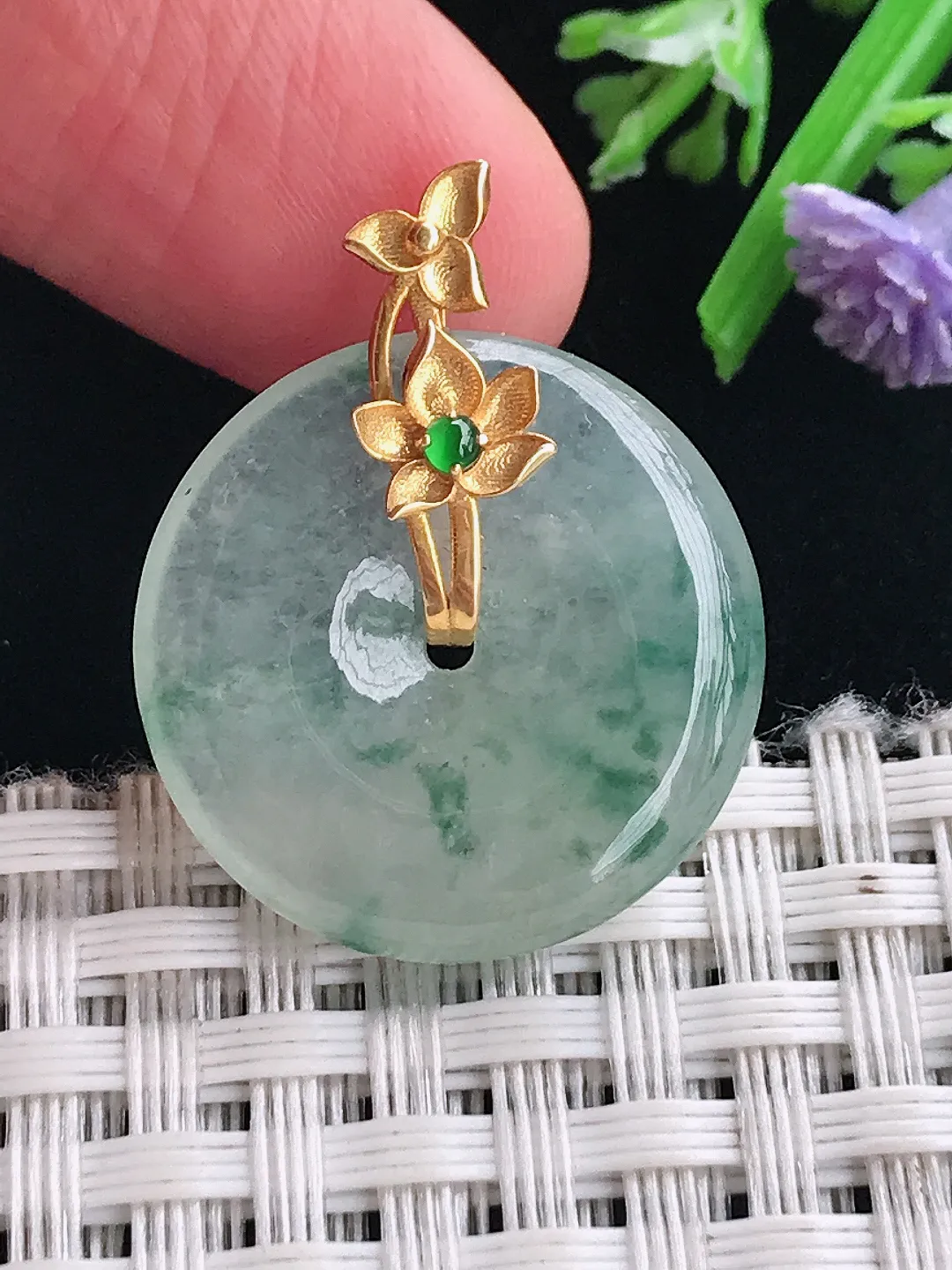 实拍A货翡翠22/4.1老坑18k金镶嵌冰飘花小平安扣吊坠翡翠挂件