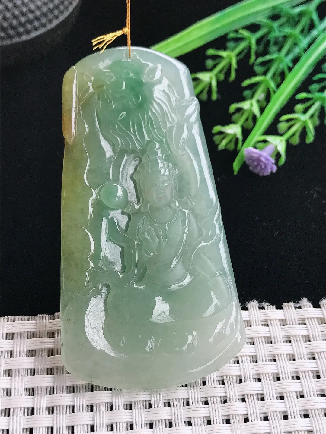 实拍A货翡翠75/41/5.2老坑冰胶水灵冰晴文殊菩萨吊坠翡翠挂件