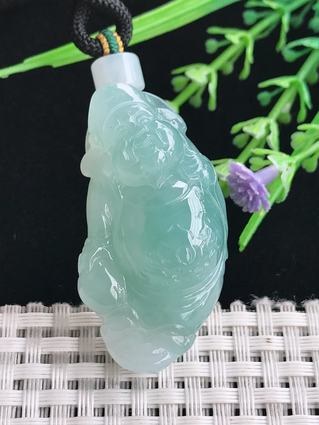 实拍A货翡翠43/22.5/12.8老坑冰胶果冻天空蓝财神爷吊坠翡翠挂件