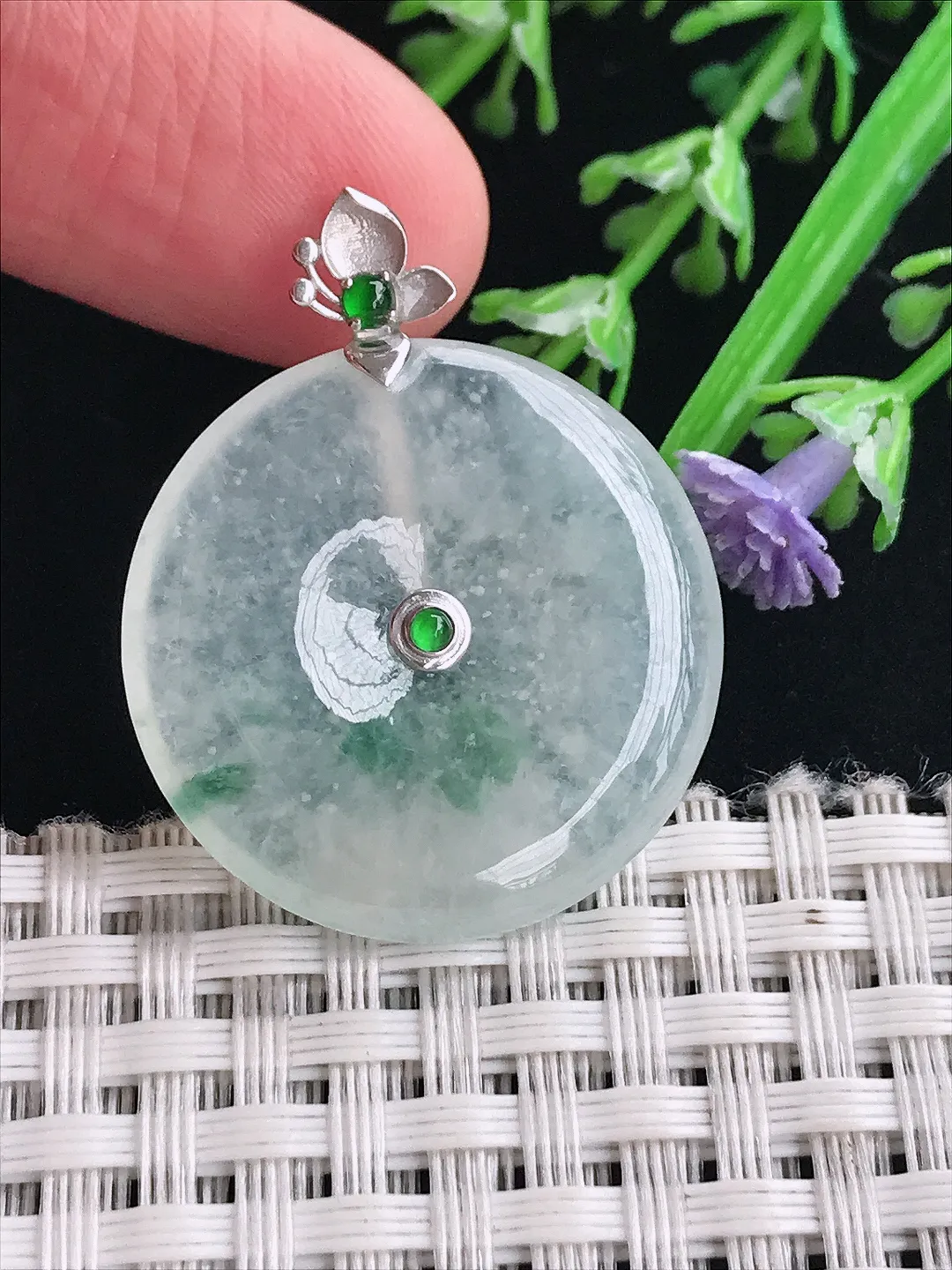 实拍A货翡翠27.3/4.6老坑18k金镶嵌冰种飘花平安扣吊坠翡翠玉扣挂件