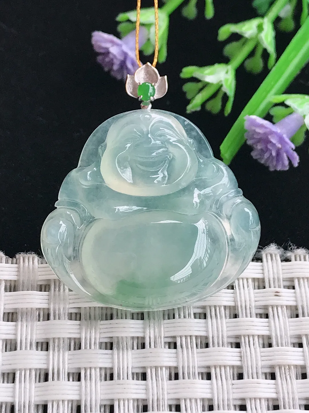 实拍A货翡翠29.5/29.2/6.2老坑18k金镶嵌冰种冰晴佛公吊坠翡翠玉佛挂件