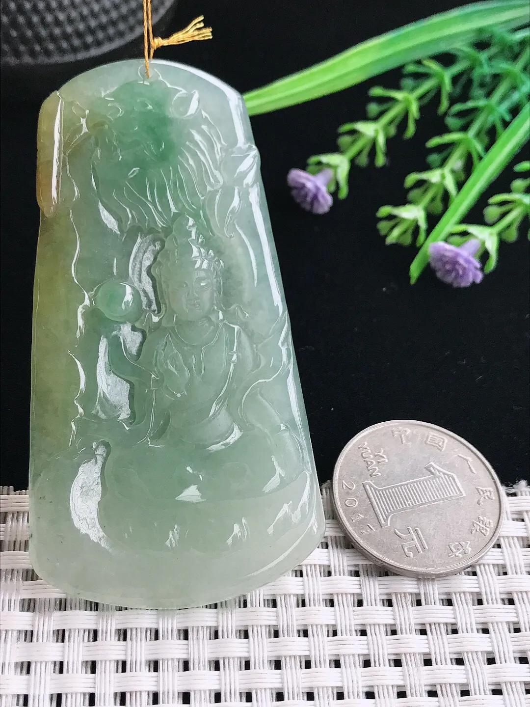 实拍A货翡翠75/41/5.2老坑冰胶水灵冰晴文殊菩萨吊坠翡翠挂件