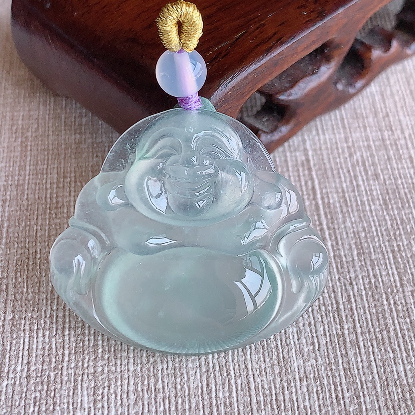 翡翠玻璃种晴水起荧光佛公吊坠 尺寸31.8-36-6.8mm 重量12.30g 0313