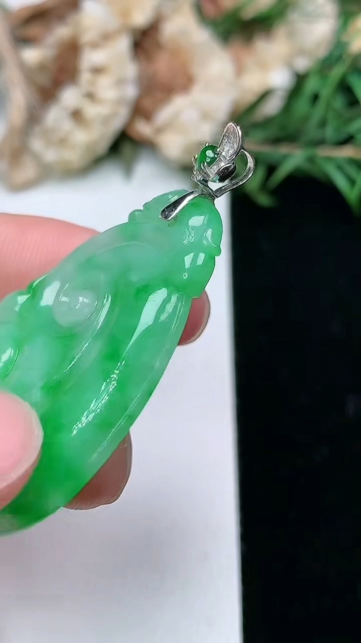 天然A货翡翠如意吊坠，尺寸40-28.6-4.3，重量:8.63g
3月18日