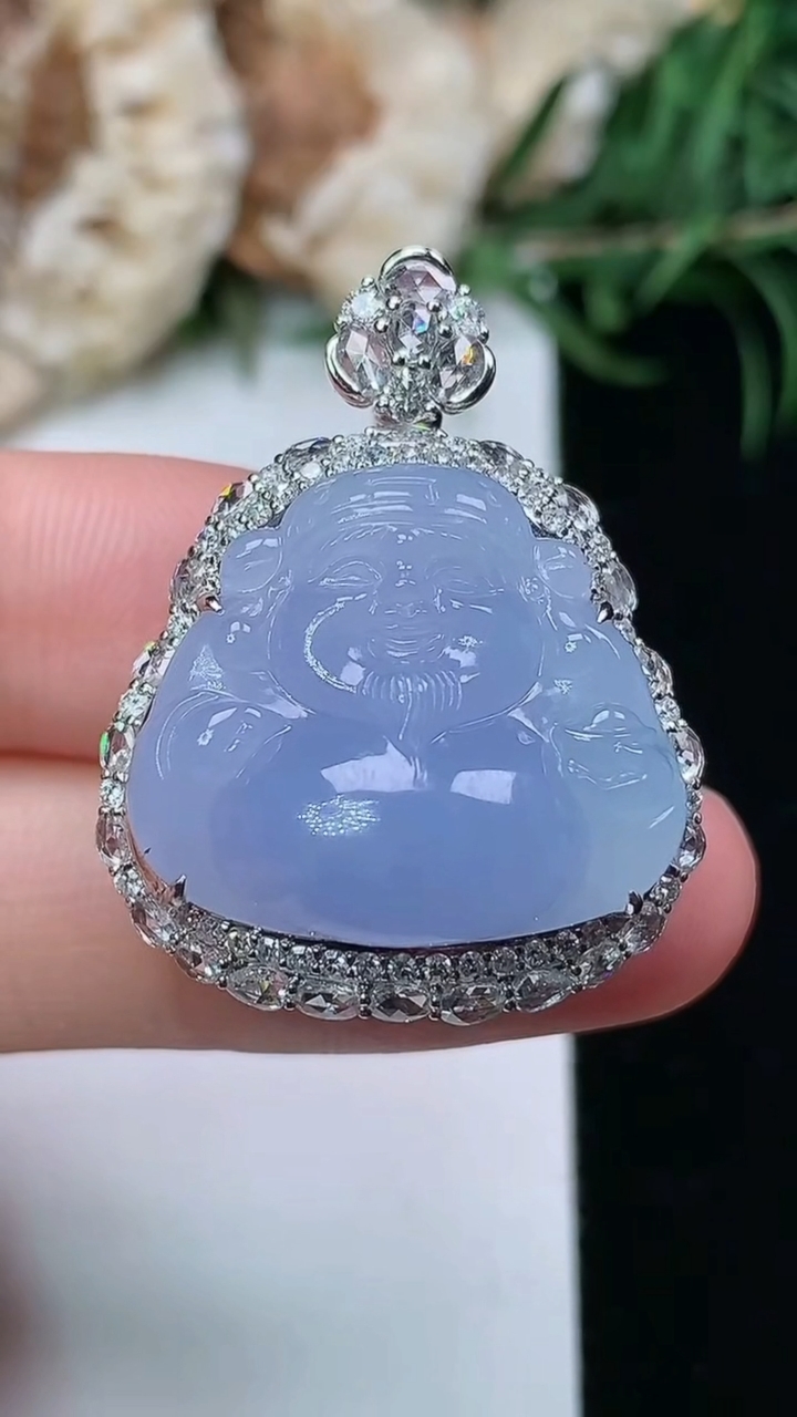 天然A货翡翠紫罗兰财神爷吊坠，尺寸31.3-24.3-13.5，裸石18.5-21，重量:8.79g