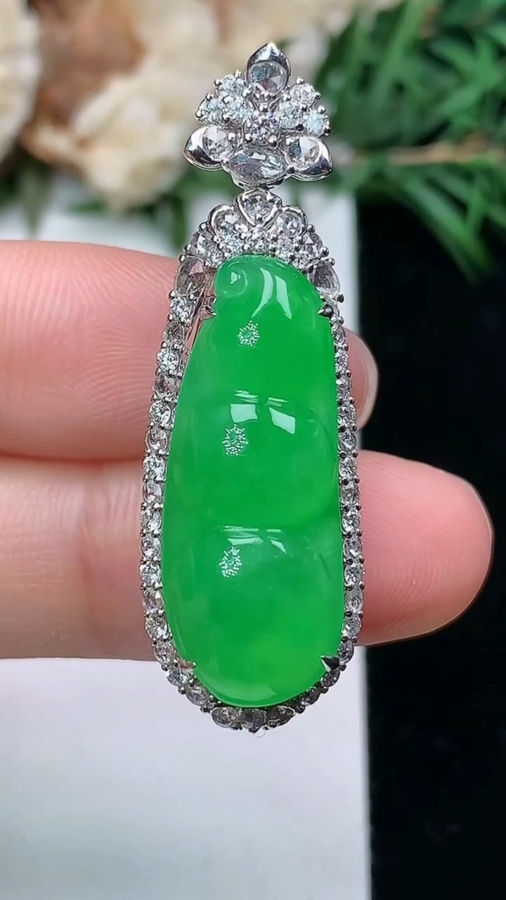 天然A货翡翠福豆吊坠，尺寸38.5-12.6-11.4，裸石24.6-9.8，重量:6.64g
3月