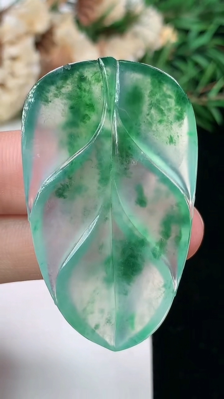 天然A货翡翠金枝玉叶 叶子镶嵌件，尺寸44.6-27.2-4.4，重量:10.66g
3月24日