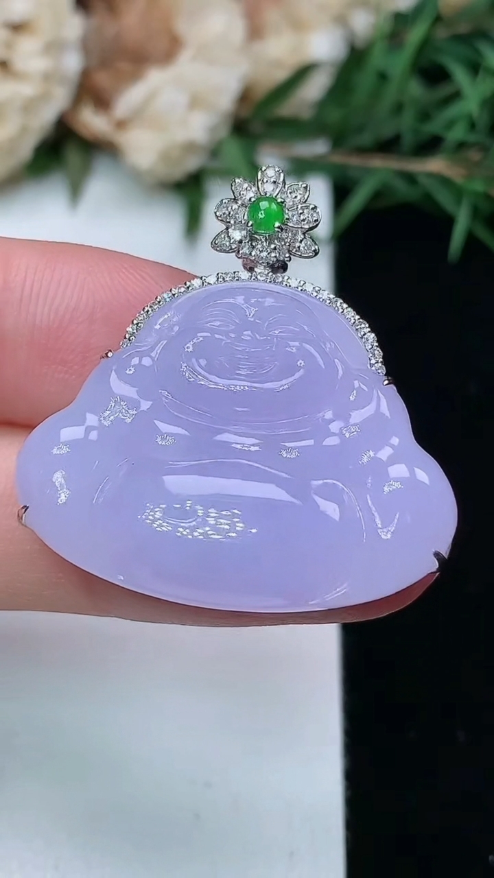 天然A货翡翠k金紫罗兰佛公吊坠，尺寸22-29.4-7.7，重量:8.52g
3月25日