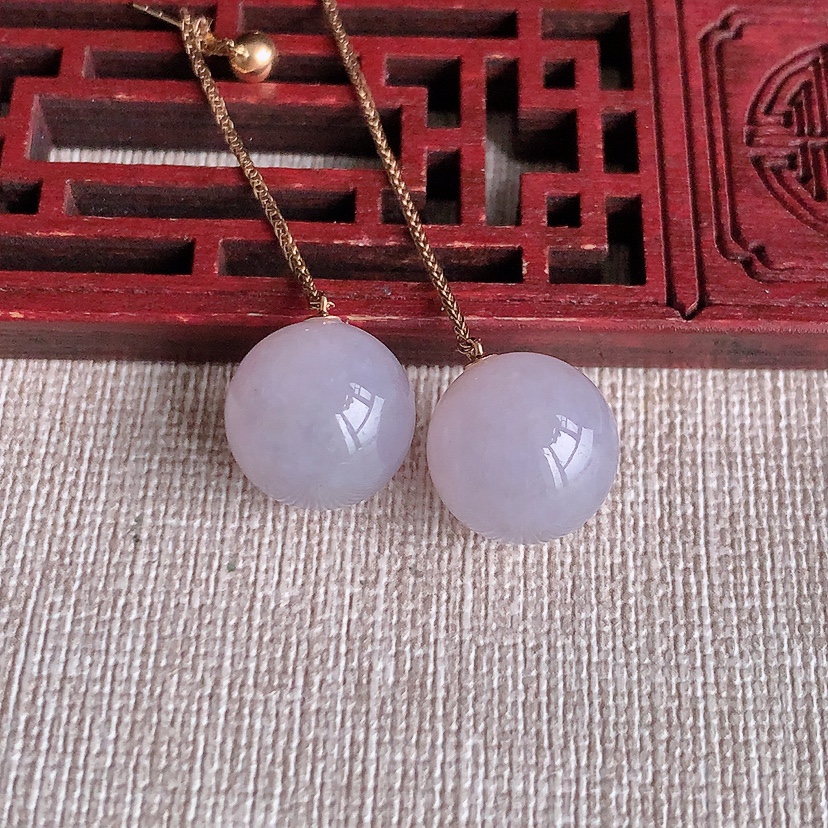 天然A货翡翠18K金镶嵌紫罗兰圆珠转运珠耳坠 
尺寸12.8-12.8mm 重量8.36g 0326