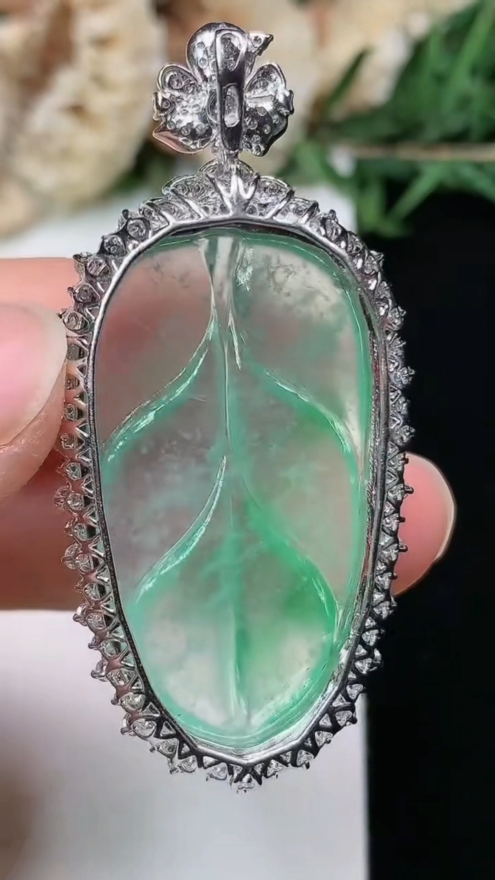 天然A货翡翠金枝玉叶 叶子吊坠，尺寸49-23.5-10.2，裸石34-19.4，重量:8.35g
3月28日