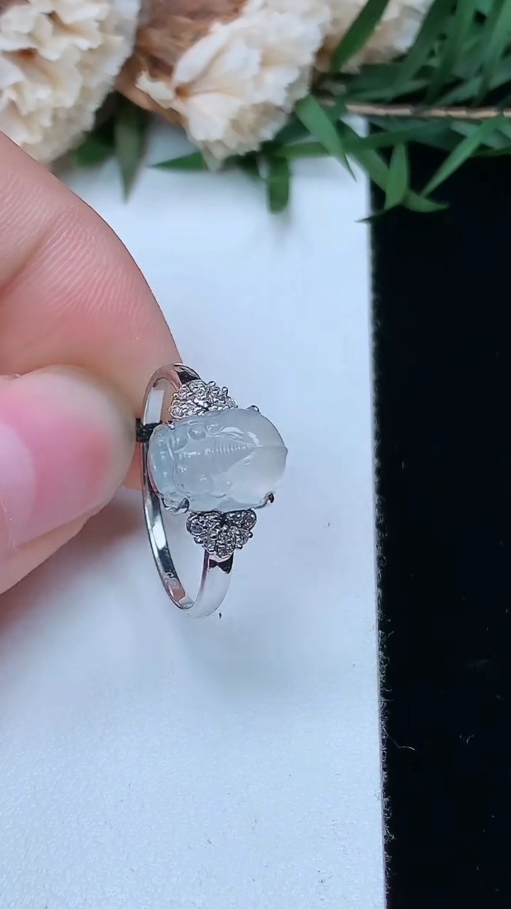 天然A货翡翠白冰貔貅戒指，尺寸17-9.4-7，重量:2.00g2026年3月28日
工厂直销收藏佳品,种好水足，色泽均匀，有种有色，上手高大气！
