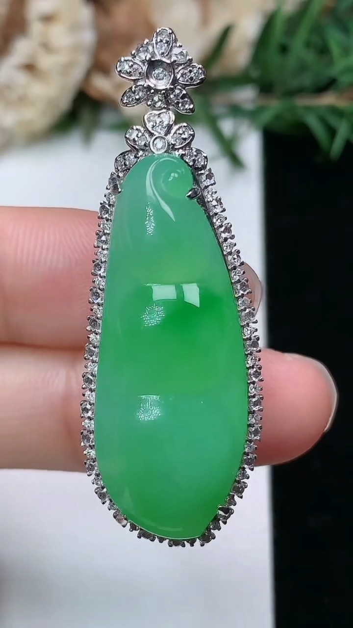 天然A货翡翠福豆吊坠，尺寸45.2-15.6-12.3，裸石32.4-12.7，重量:8.45g
3月28日