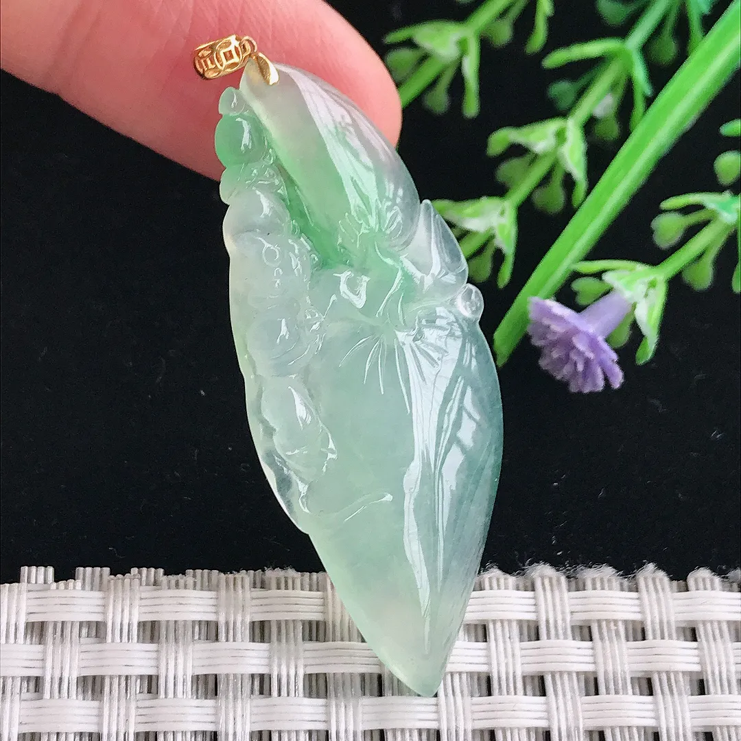 实拍A货翡翠48.5/19.5/4.5老坑18k金镶嵌冰胶阳绿寿桃吊坠翡翠桃子挂件