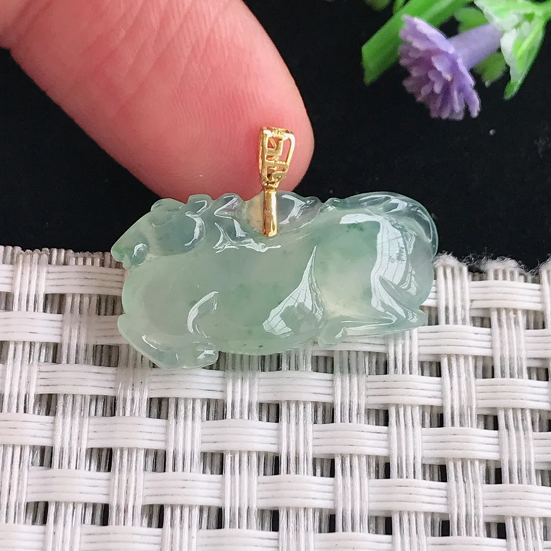 实拍A货翡翠25.2/13/5老坑18k金镶嵌冰种冰晴唐马吊坠翡翠挂件
