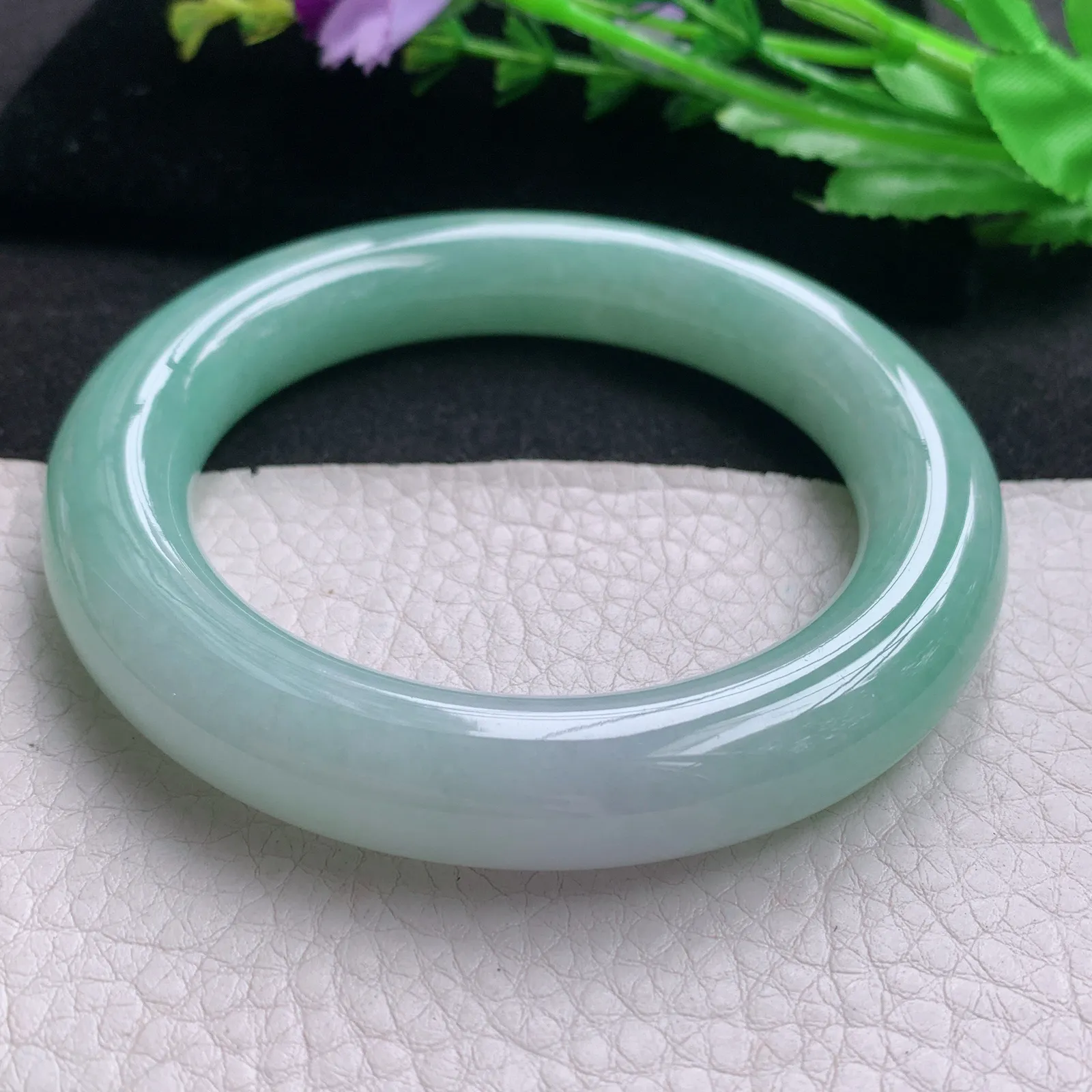 ss实拍58.5*12.3胖圆镯 天然缅甸翡翠A货玉手镯春带彩胶感圆条平安镯