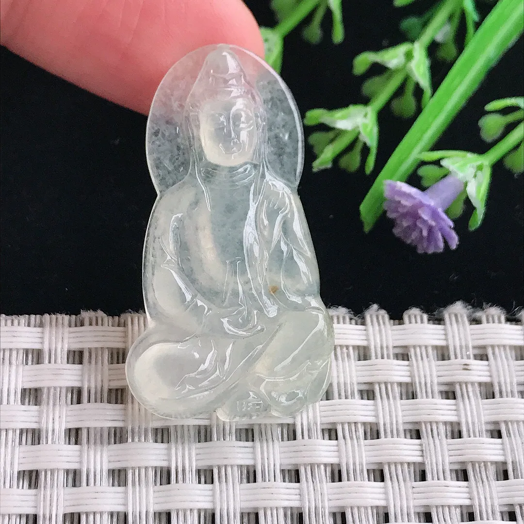 实拍A货翡翠37/20.2/4.3老坑冰种起胶小观音吊坠翡翠挂件