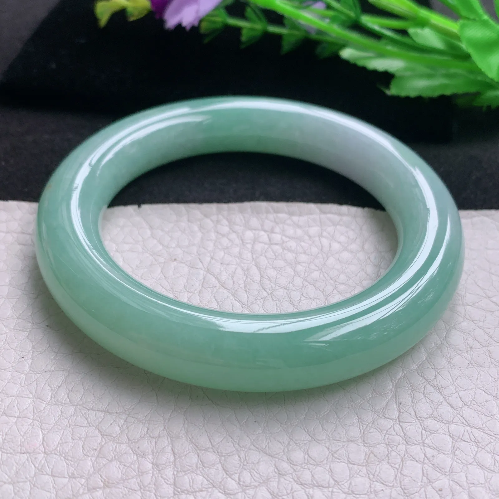 ss实拍58.5*12.3胖圆镯 天然缅甸翡翠A货玉手镯春带彩胶感圆条平安镯