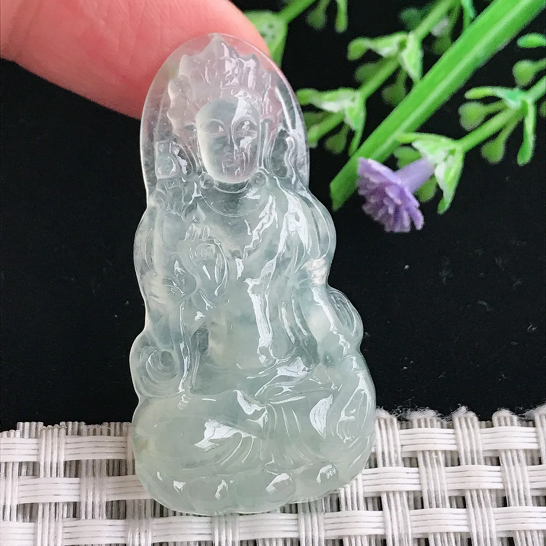 实拍A货翡翠46.3/24/5.1老坑冰种冰晴渡母菩萨吊坠翡翠挂件