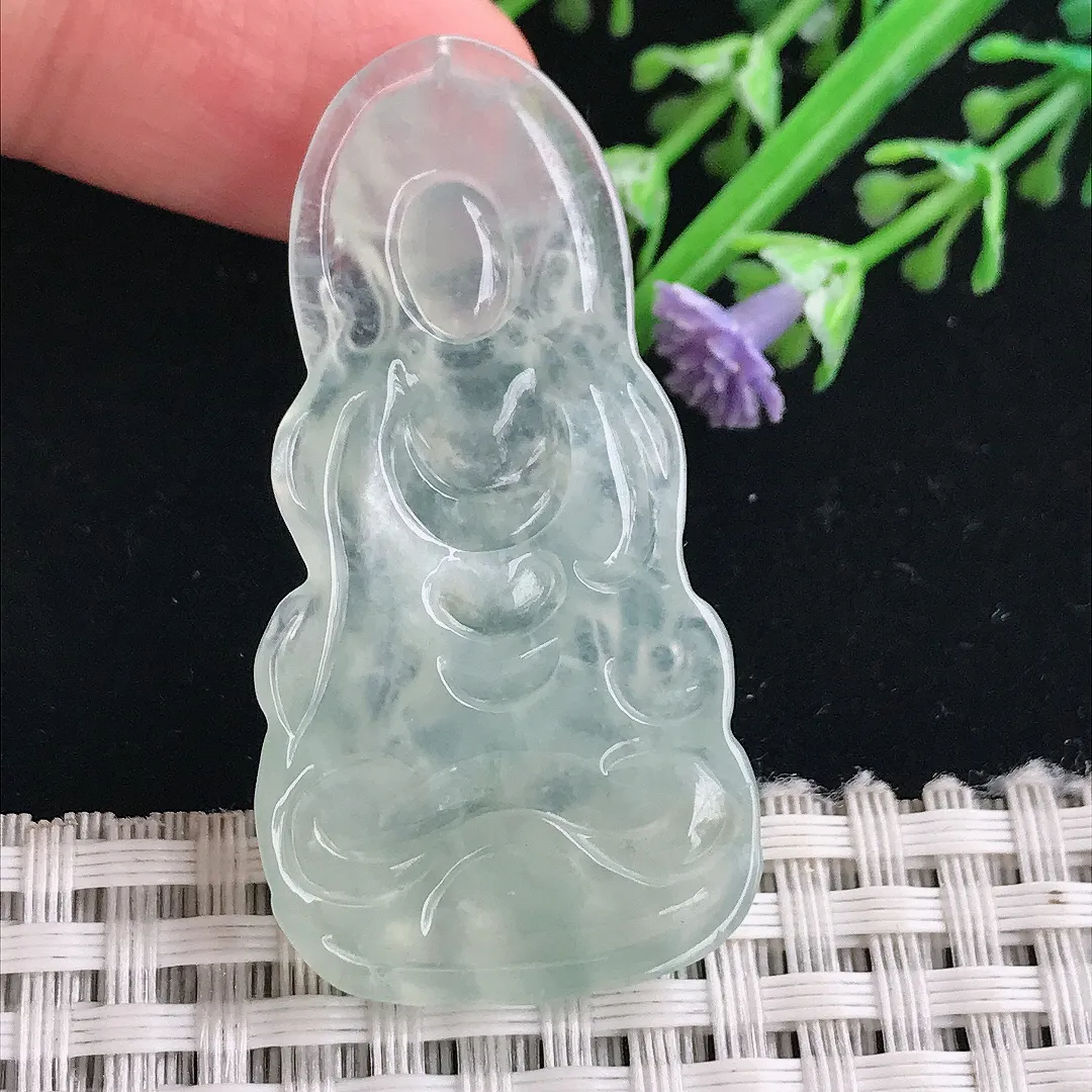 实拍A货翡翠46.3/24/5.1老坑冰种冰晴渡母菩萨吊坠翡翠挂件