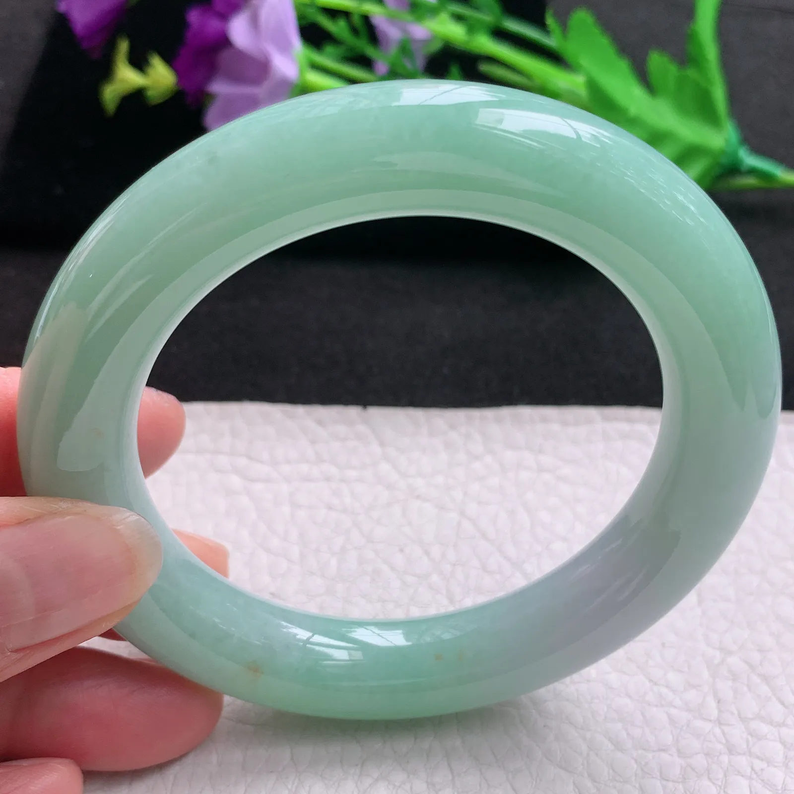 ss实拍58.5*12.3胖圆镯 天然缅甸翡翠A货玉手镯春带彩胶感圆条平安镯