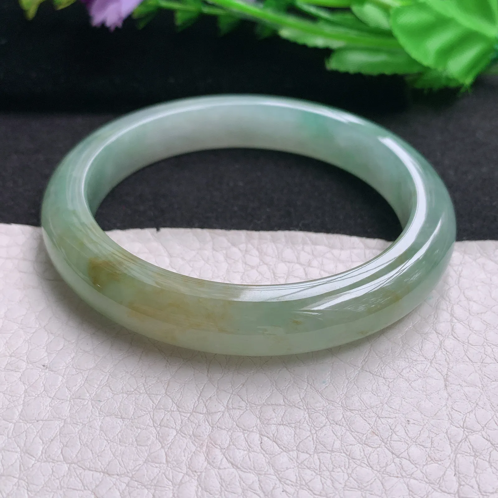 hh实拍58.5*10.5*8.3mm天然缅甸翡翠A货玉手镯冰胶秀气双彩宽边平安镯