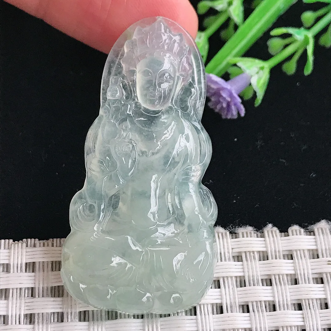 实拍A货翡翠46.3/24/5.1老坑冰种冰晴渡母菩萨吊坠翡翠挂件
